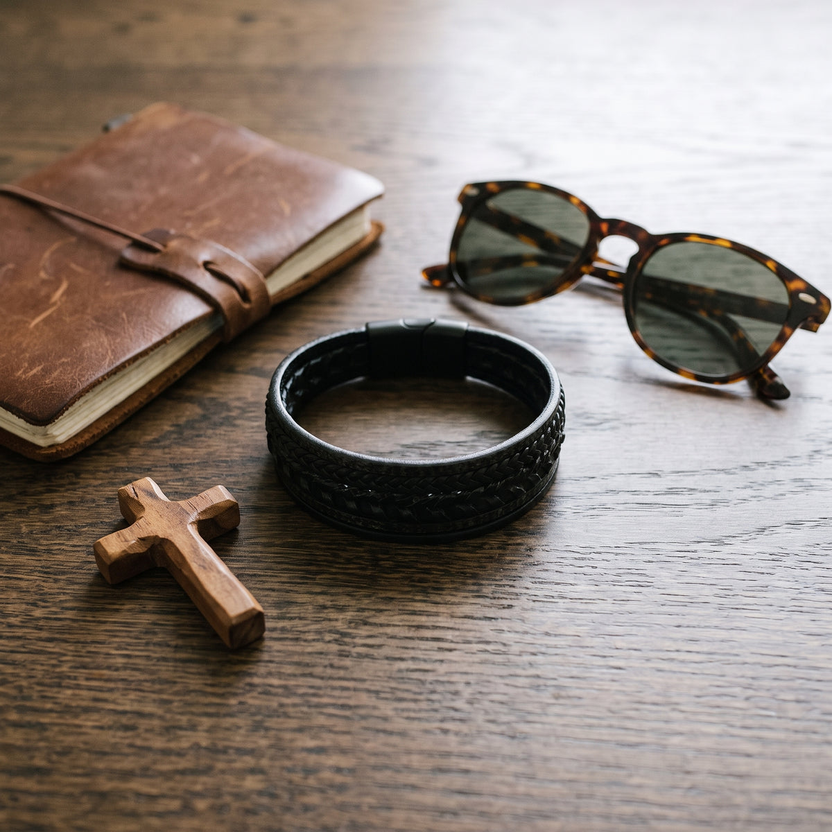 Classic Multi-Layer Black Leather Bracelet with Matte Black Clasp worn, lifestyle photo 4