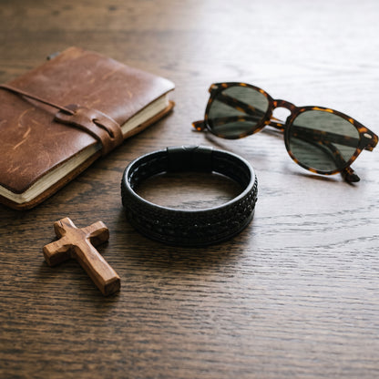 Classic Multi-Layer Black Leather Bracelet with Matte Black Clasp worn, lifestyle photo 4