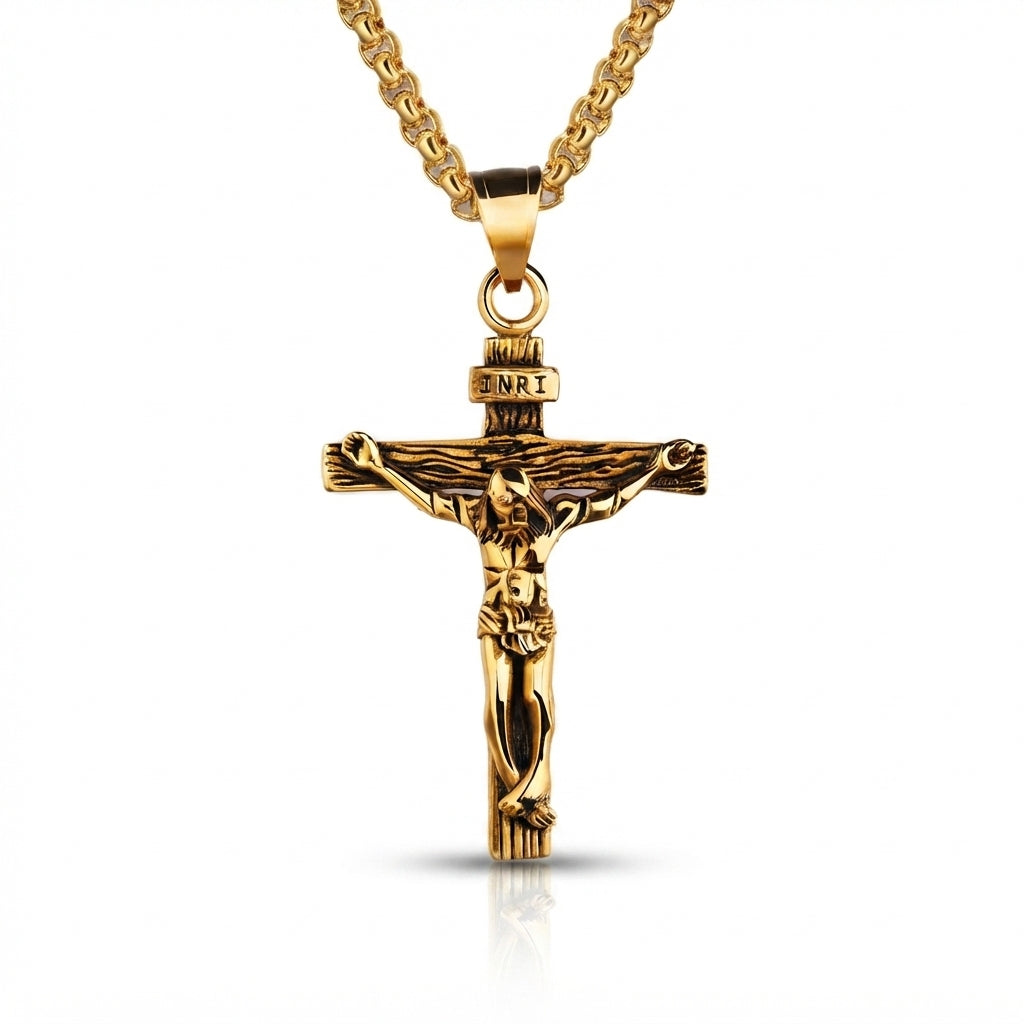 Vintage-style retro gold crucifix cross pendant with an oxidized finish highlighting the wood grain texture and figure of Jesus, on a matching chain.