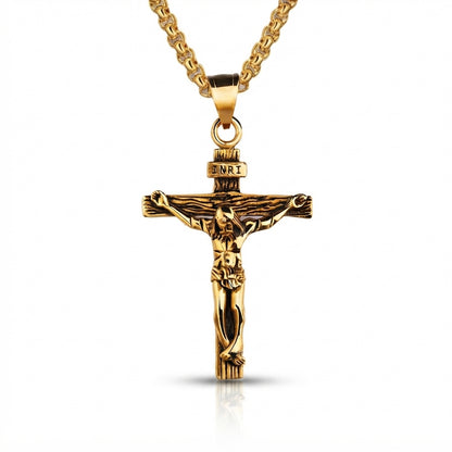 Vintage-style retro gold crucifix cross pendant with an oxidized finish highlighting the wood grain texture and figure of Jesus, on a matching chain.