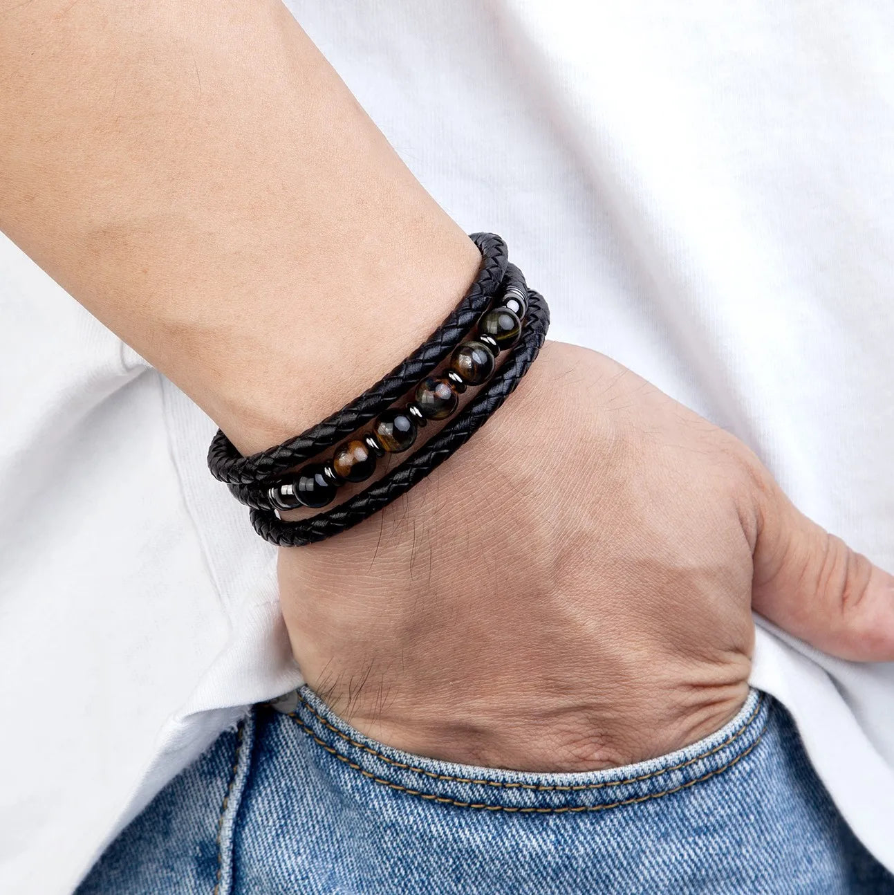 Classic Triple Braid Black Leather & Lava Rock Bracelet